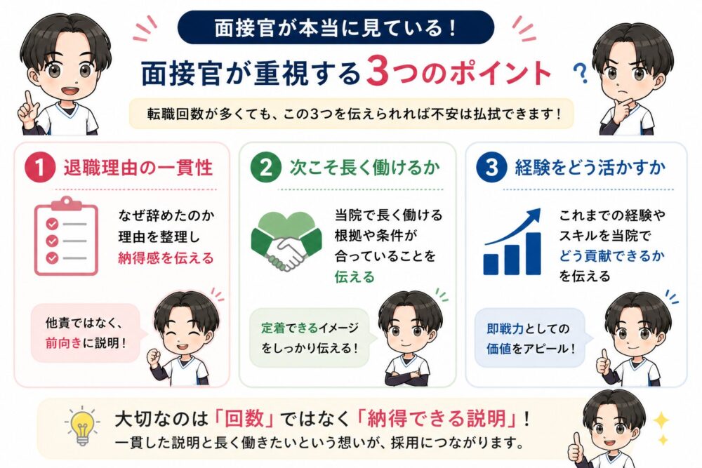 転職回数が多い看護師に対して面接官が重視する退職理由の一貫性、次こそ長く働けるか、経験の活かし方をまとめた図解画像