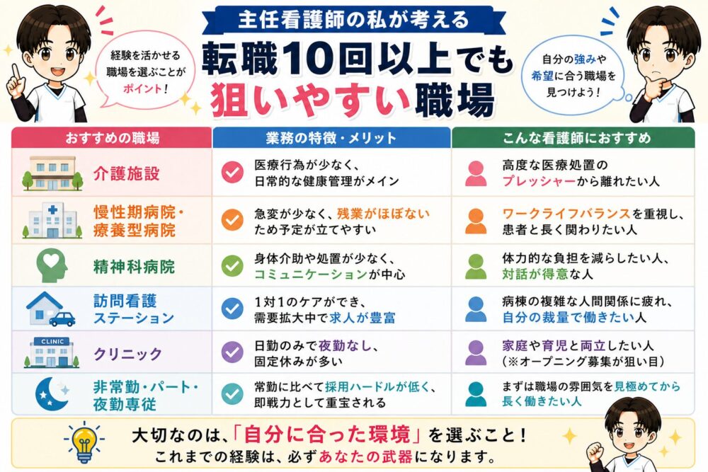転職10回以上でも狙いやすい職場として介護施設、慢性期病院、精神科病院、訪問看護ステーション、クリニック、非常勤・パート・夜勤専従の特徴とおすすめの看護師をまとめた図解画像。
