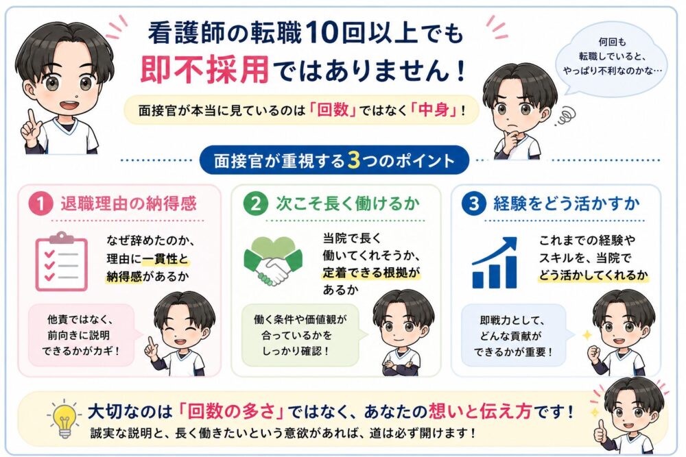 看護師の転職10回以上は回数だけで即不採用ではなく退職理由の納得感や定着意欲が重要だと示した図解画像